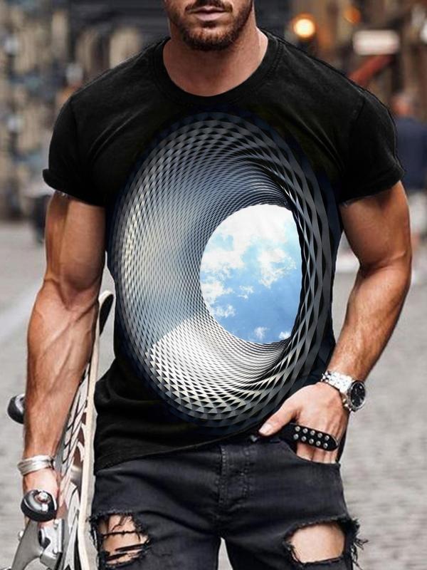 Men's 3D Tunnel & Sky Print Round Neck Tee, Regular Fit Fashion Casual Crew Neck Short Sleeve T-Shirt for Summer, Men's...