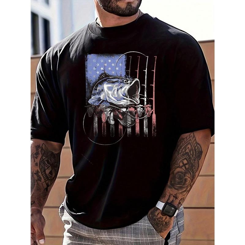 Men's American Flag & Fish Print Short Sleeve T-Shirt Made in USA Hoodie, Sweatshirt | HypeCrazeTee.com