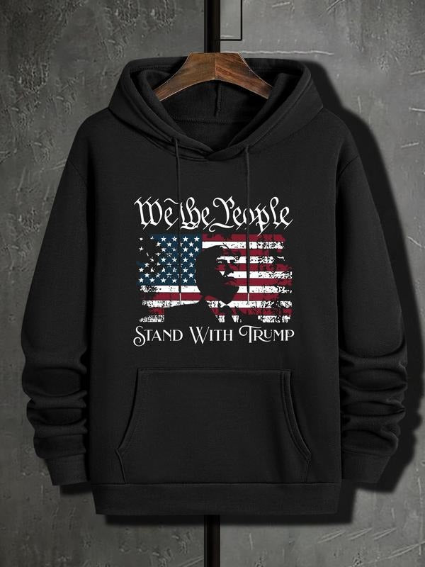 Men's American Flag & Letter Print Pocket Drawstring Hoodie, Regular Fit Casual Graphic Hooded Sweatshirt for Spring &...