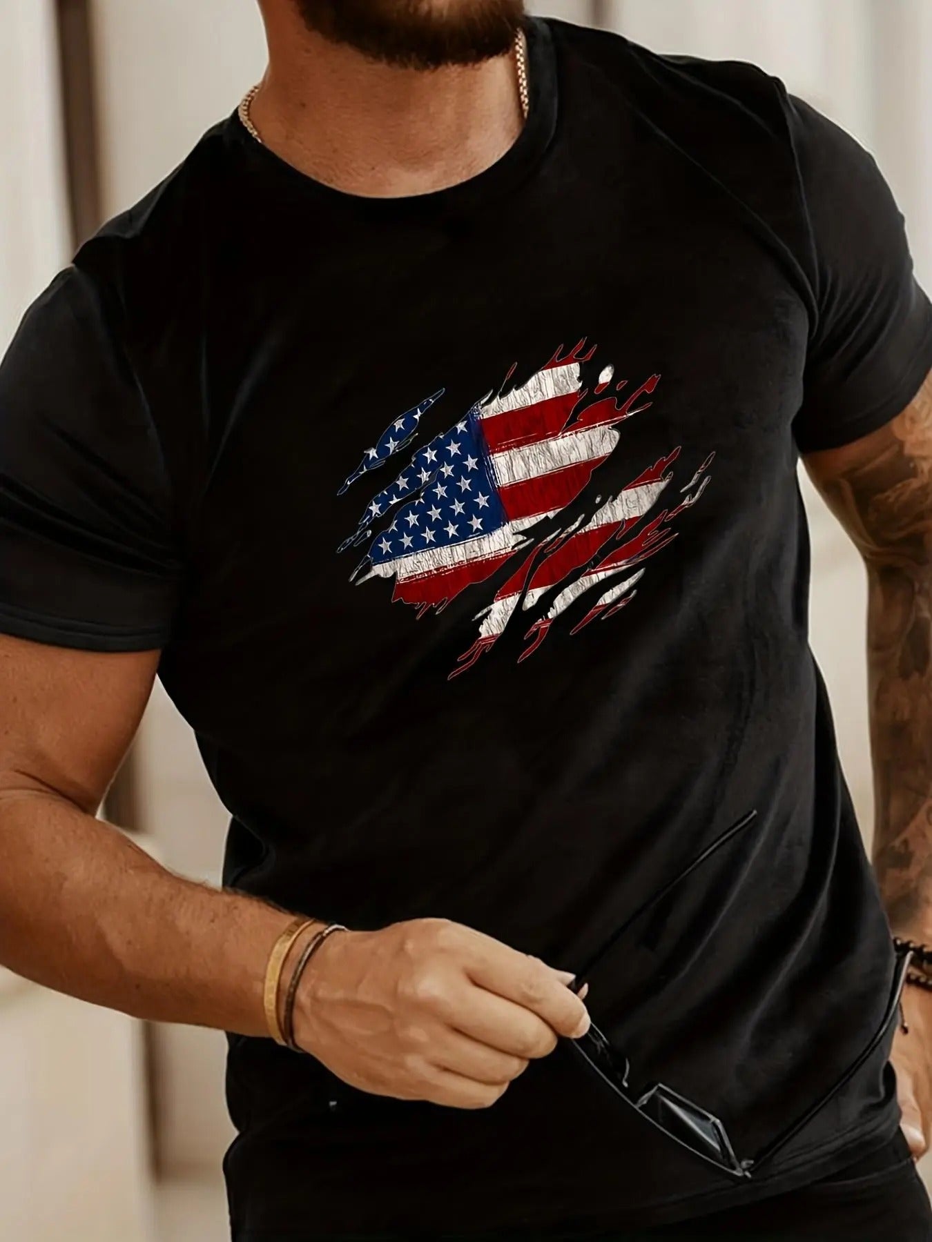 Men's American Flag Print Graphic Tee, Regular Fit Casual Short Sleeve T-shirt for Summer, Men's Top for Daily Wear...