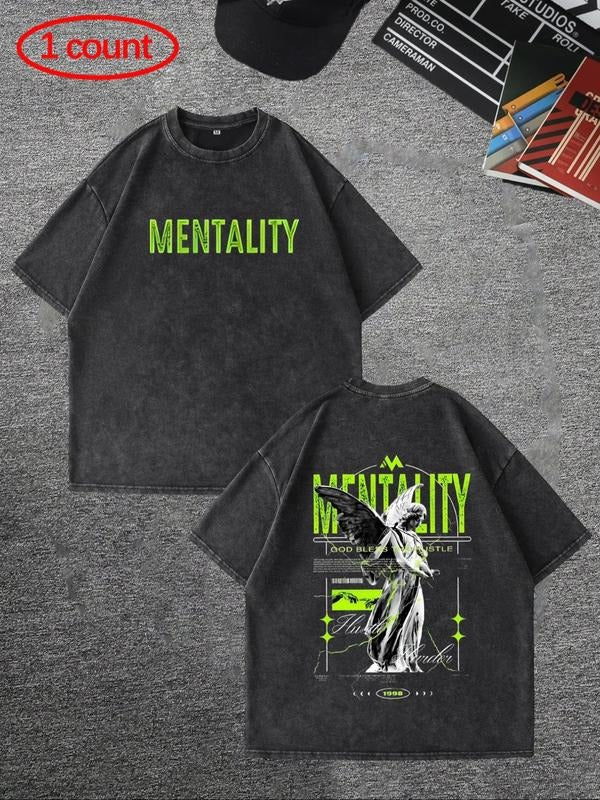 Men's Angel & Letter Print Graphic Tee, Regular Fit Casual Short Sleeve Round Neck T-shirt for Summer, Men's Top for...