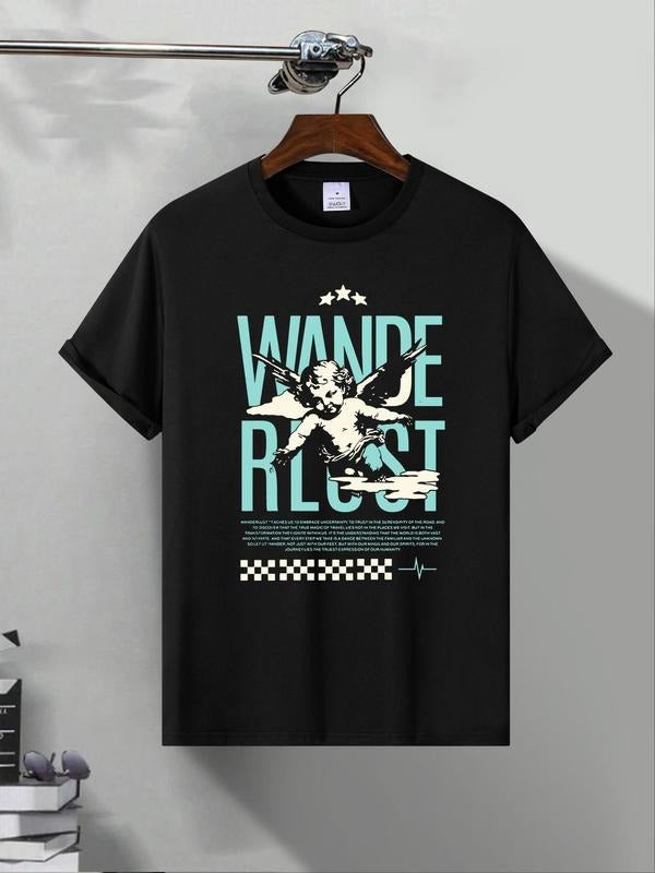 Men's Angel & Letter Print Round Neck Graphic Tee, Regular Fit Casual Short Sleeve T-shirt for Summer, Men's Top for...