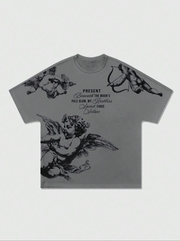 Men's Angel Print Round Neck Tee, Loose Casual Fashion Short Sleeve T-shirt for Daily Wear, Men's Sleepwear & Loungewear...