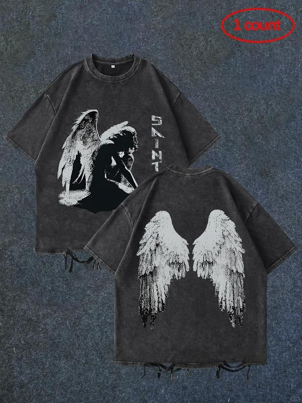 Men's Angel Wing Print Ripped Tee, Regular Fit Casual Short Sleeve T-shirt for Daily Wear, Men's Top for Summer Hoodie,...