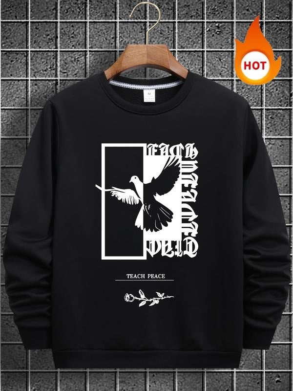 Men's Animal & Letter Print Round Neck Sweatshirt, Regular Fit Casual Long Sleeve Crew Neck Pullover for Fall & Winter,...
