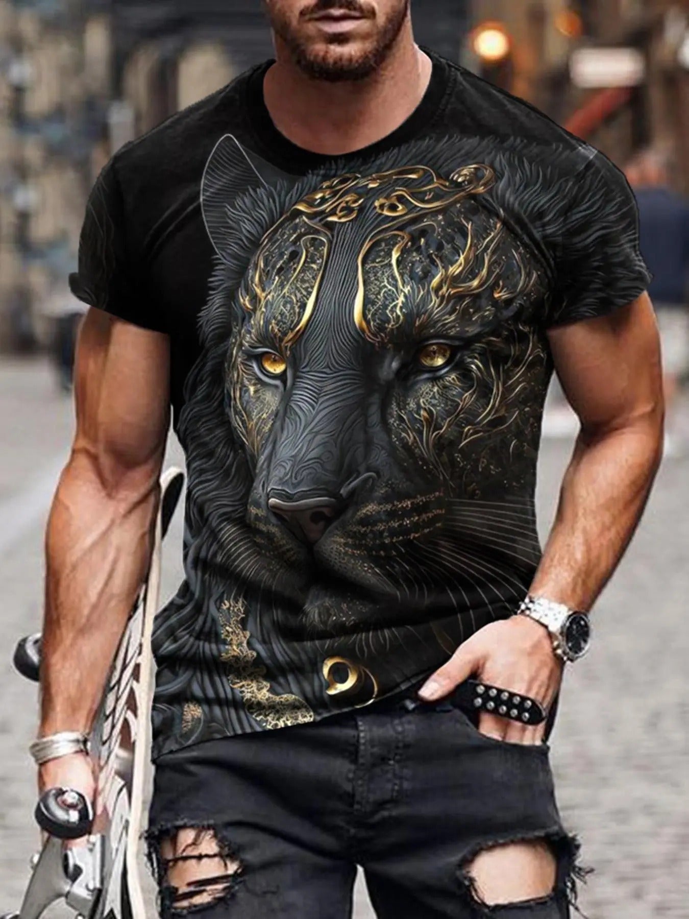 Men's Animal Print Short Sleeve Round Neck Tee, Regular Fit Fashion Casual Crew Neck T-shirt for Daily Outdoor Wear,...