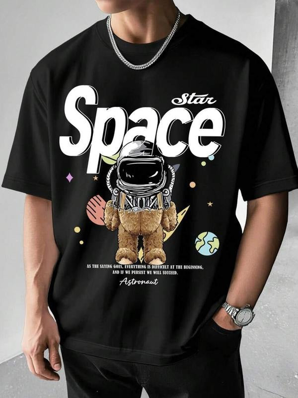 Men's Astronaut Bear & Space Print Round Neck Tee, Regular Fit Casual Short Sleeve T-shirt for Daily Wear, Men's Top for...