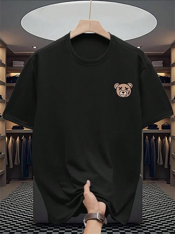 Men's Bear Print Round Neck Tee, Regular Fit Casual Short Sleeve Crew Neck T-Shirt for Daily Wear, Men's Top for All...
