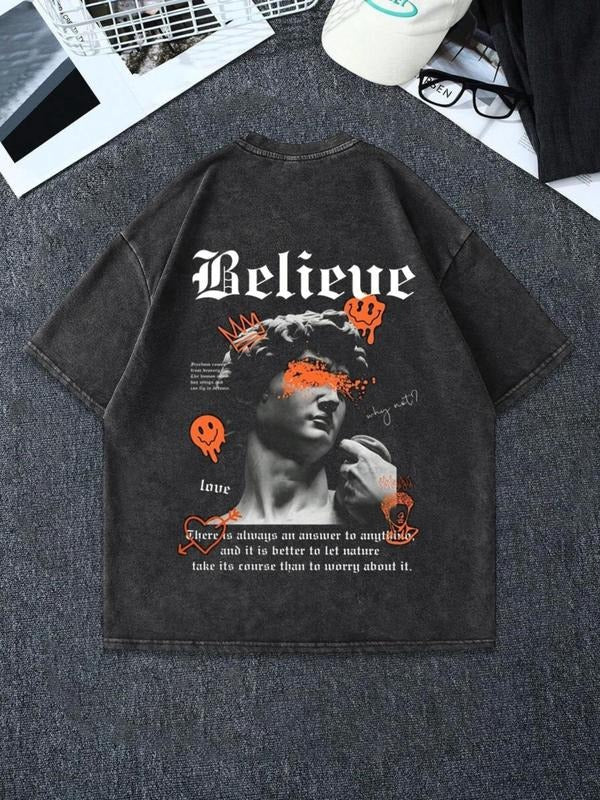 Men's Believe Letter Print Short Sleeve Graphic Tee, Regular Fit Casual Retro Round Neck T-shirt for Summer, Men's Top...