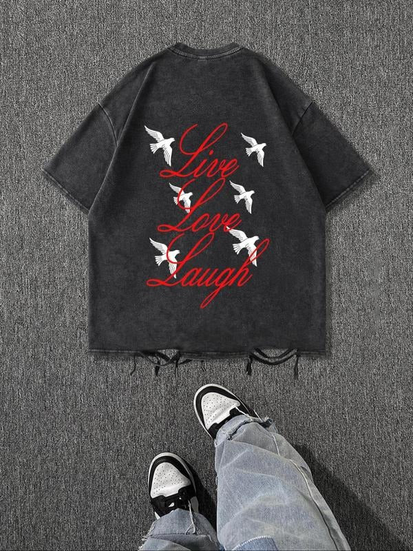 Men's Bird & Letter Print Distressed Trim Short Sleeve Tee, Regular Fit Casual Fashion Round Neck T-shirt for Daily Wear,...