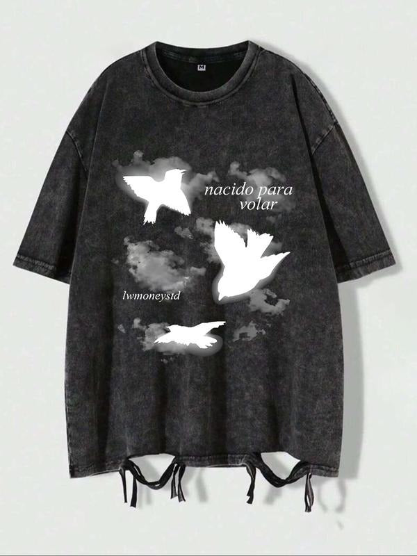 Men's Bird & Letter Print Distressed Trim Tee, Regular Fit Casual Y-shaped Trim Short Sleeve T-shirt for Daily Wear,...