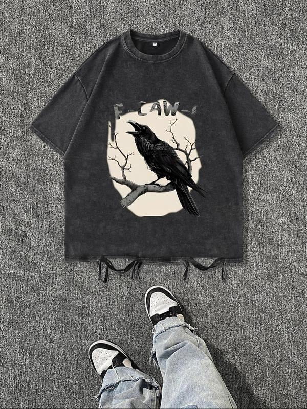 Men's Bird Print Distressed Trim Short Sleeve Graphic Tee, Regular Fit Casual Vintage Round Neck T-shirt for Daily Wear,...