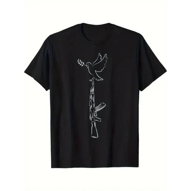 Men's Black Cotton Graphic T-Shirt - Dove & Olive Branch Peace Symbol Print Casual Streetwear, Regular Fit Round Neck,...