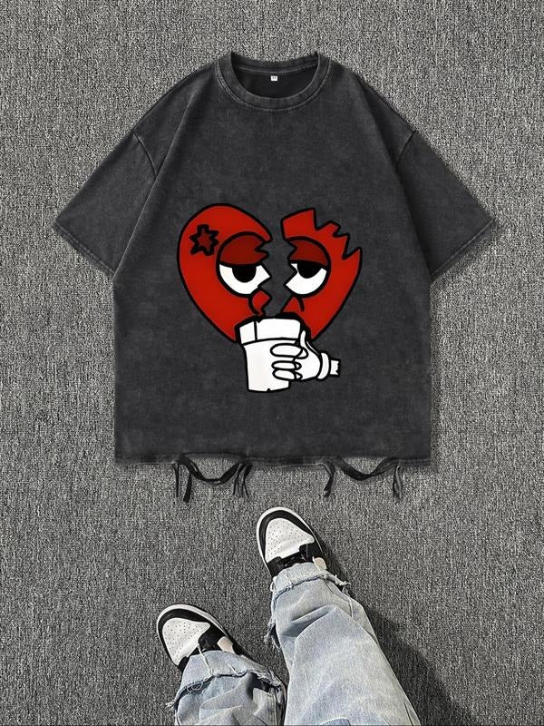 Men's Broken Heart & Drink Print Round Neck Tee, Regular Fit Casual Short Sleeve Crew Neck T-shirt for Daily Wear, Men's...