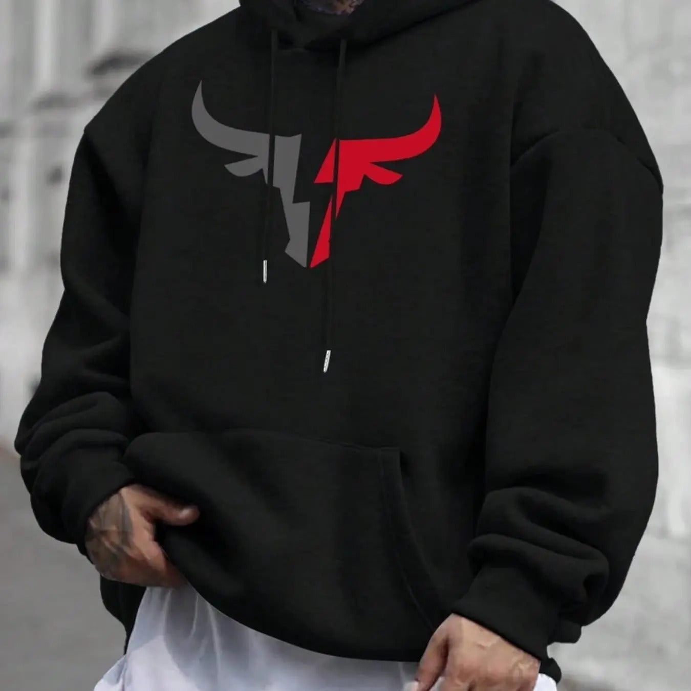 Men's Bull Head Print Drop Shoulder Hoodie, Fashion Casual Loose Drawstring Pocket Hooded Sweatshirt for Daily Holiday...