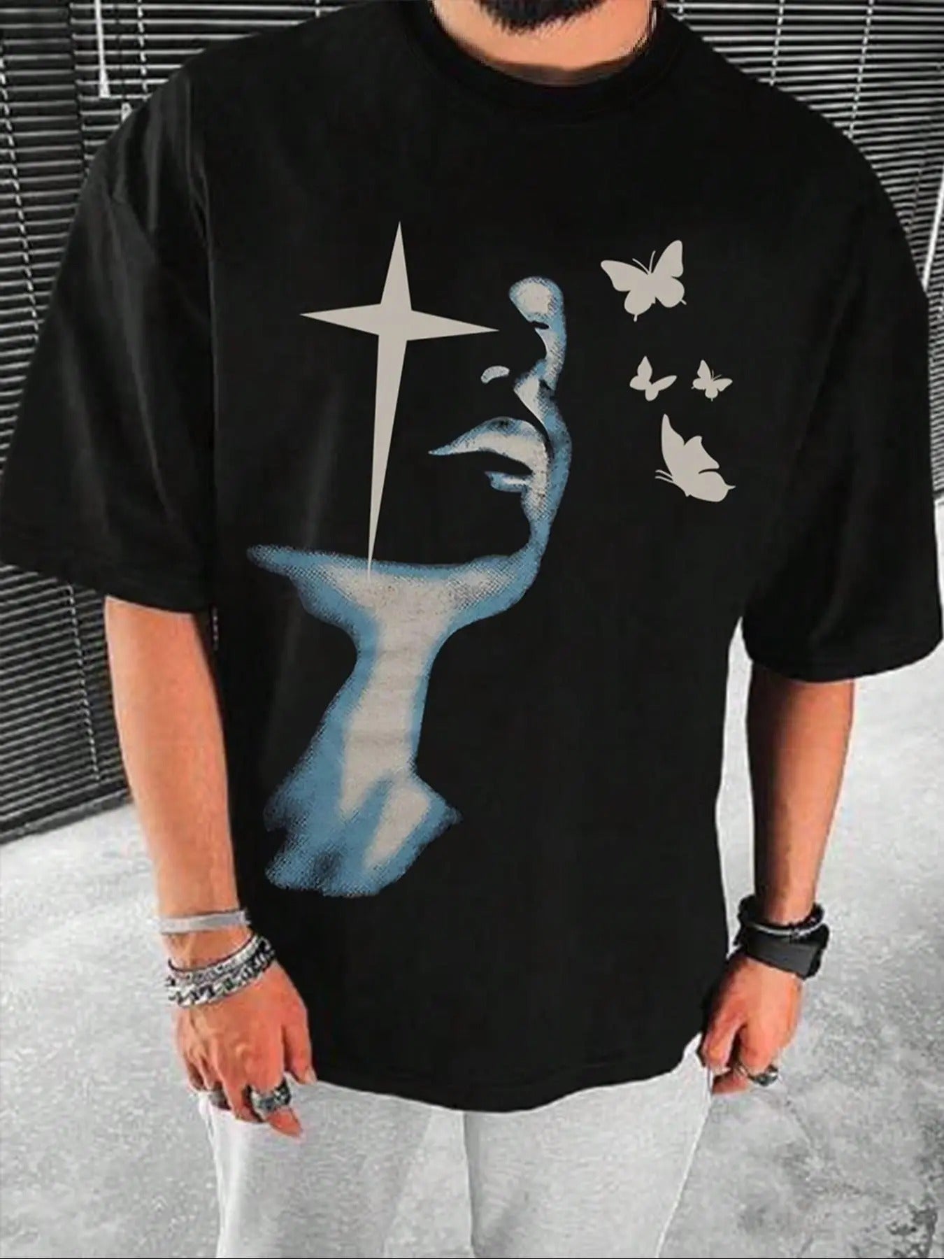 Men's Butterfly & Figure Print Round Neck Tee, Regular Fit Casual Short Sleeve T-shirt, Men's Summer Top for Daily Wear...