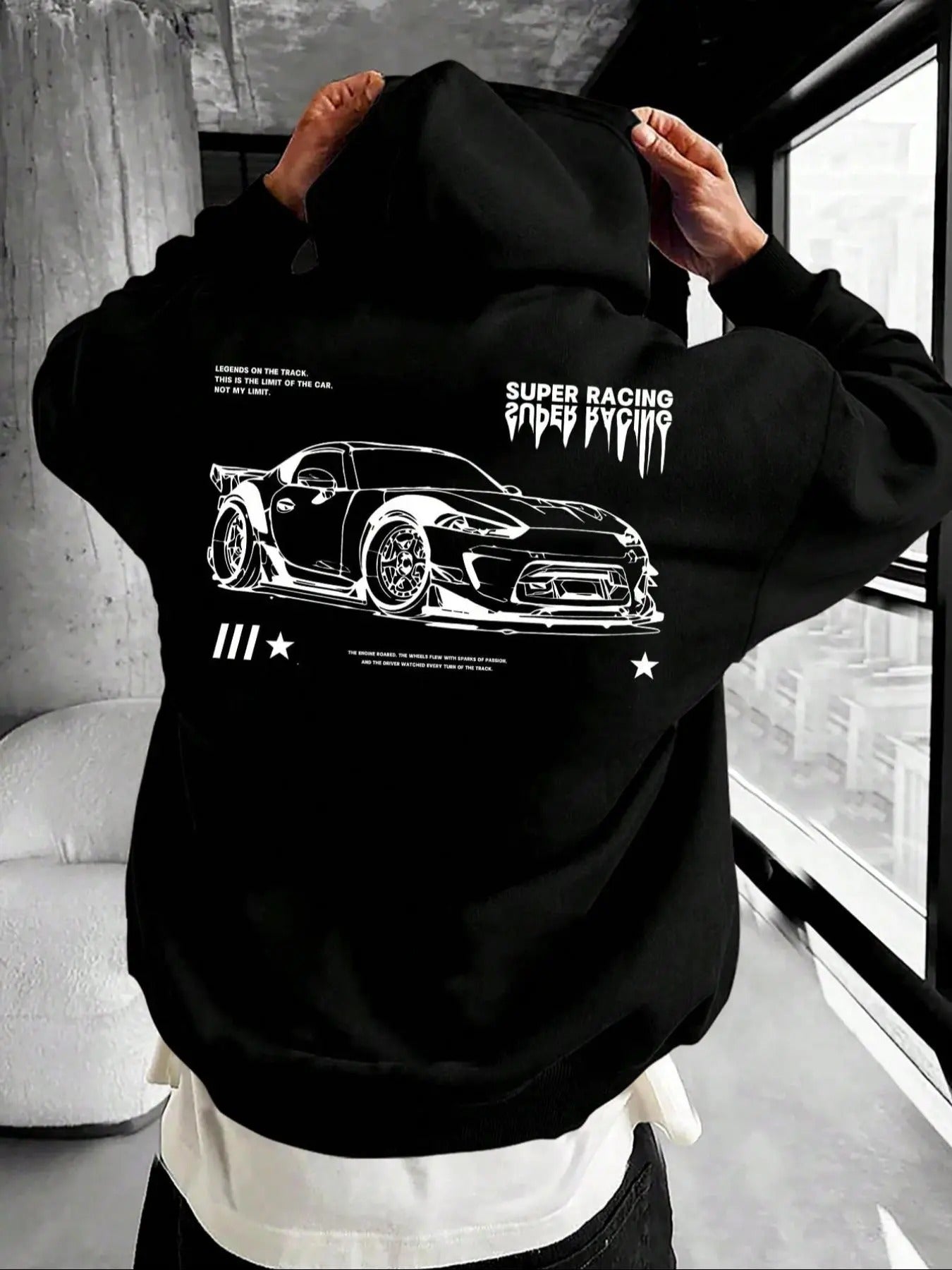 Men's Car & Letter Print Drop Shoulder Hoodie, Casual Regular Fit Drawstring Pocket Hooded Sweatshirt for Fall & Winter,...