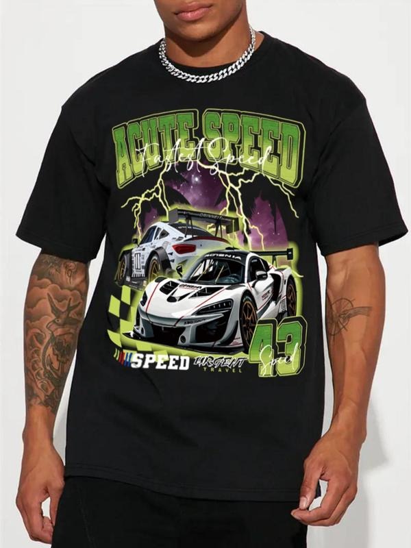 Men's Car & Letter Print Round Neck Tee, Regular Fit Street Casual Short Sleeve Crew Neck T-Shirt for Daily Wear, Men's...