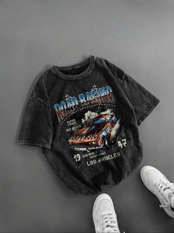 Men's Car & Letter Print Short Sleeve Graphic Tee, Regular Fit Casual Round Neck T-shirt for Daily Wear, Men's Top for...