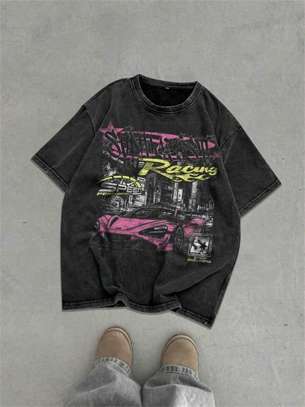Men's Car Print Short Sleeve Graphic Tee, Regular Fit Casual Street Round Neck T-shirt for Daily Wear, Men's Top for...