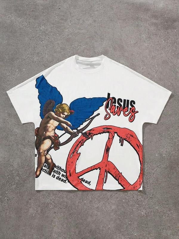 Men's Cartoon Angel Print Round Neck Tee, Regular Fit Casual Fashion Short Sleeve T-shirt for Summer, Men's Top for Daily...