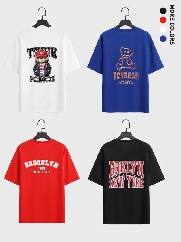 Men's Cartoon Bear & Letter Print Drop Shoulder Tee, Loose Casual Short Sleeve Round Neck T-shirt for Summer, Men's Top...