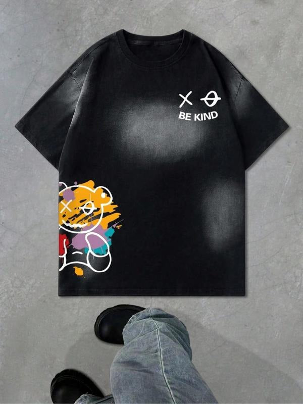 Men's Cartoon Bear & Tie Dye Print Short Sleeve Pajama Tee, Regular Fit Casual Comfy Round Neck T-Shirt for Summer, Men's...
