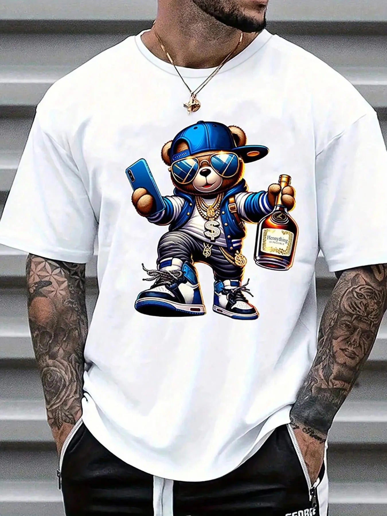 Men's Cartoon Bear Print Round Neck Tee, Casual Short Sleeve Crew Neck T-shirt for Summer, Fashion Men's Top for Daily...