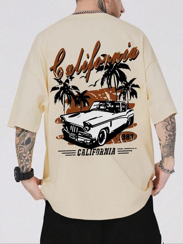 Men's Cartoon Car Graphic Print Round Neck Tee, Loose Casual Drop Shoulder Short Sleeve T-shirt for Summer, Menswear for...