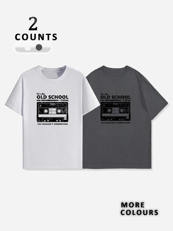 Men's Cartoon Cassette Tape & Letter Print Tee, Regular Fit Casual Comfy Short Sleeve T-shirt, Men's Sleepwear for Summer...