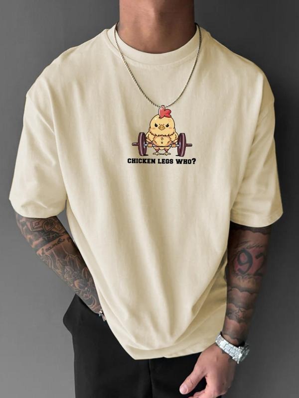 Men's Cartoon Chicken & Letter Print Drop Shoulder Tee, Regular Fit Casual Comfy Round Neck Half Sleeve T-shirt for Daily...