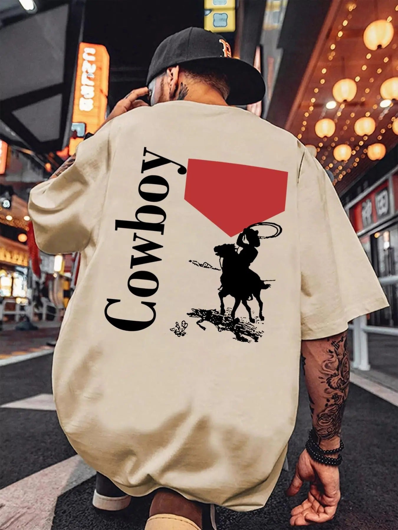 Men's Cartoon Cowboy Graphic Print Round Neck Tee, Regular Fit Casual Drop Shoulder Short Sleeve T-shirt, Men's Summer...
