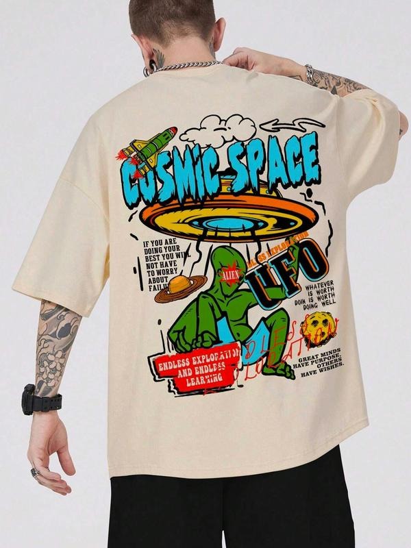 Men's Cartoon Graphic Print Round Neck Tee, Loose Casual Drop Shoulder Short Sleeve T-shirt for Summer, Menswear for...