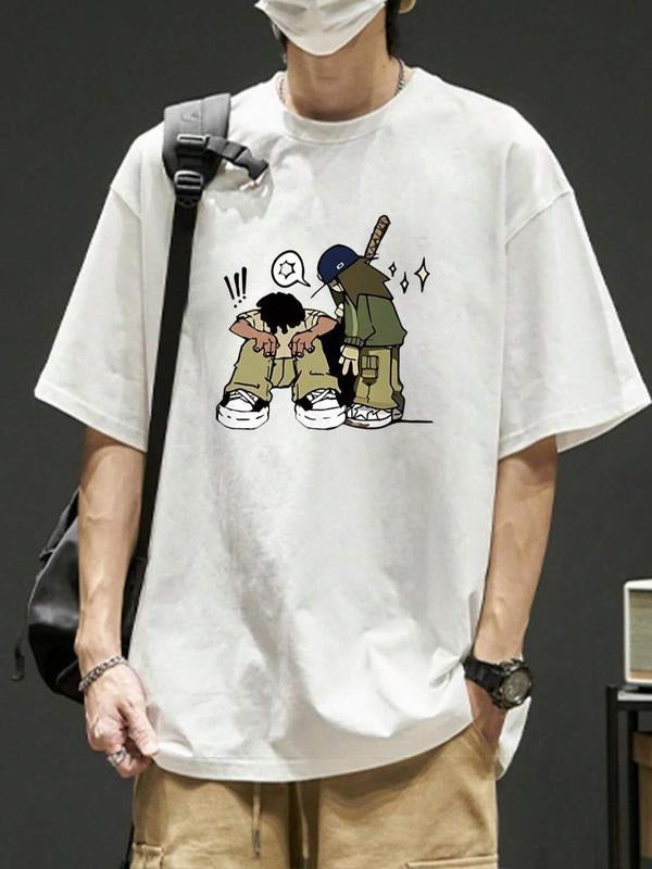 Men's Cartoon Graphic Print Round Neck Tee, Regular Fit Casual Drop Shoulder Short Sleeve T-shirt for Summer, Menswear...