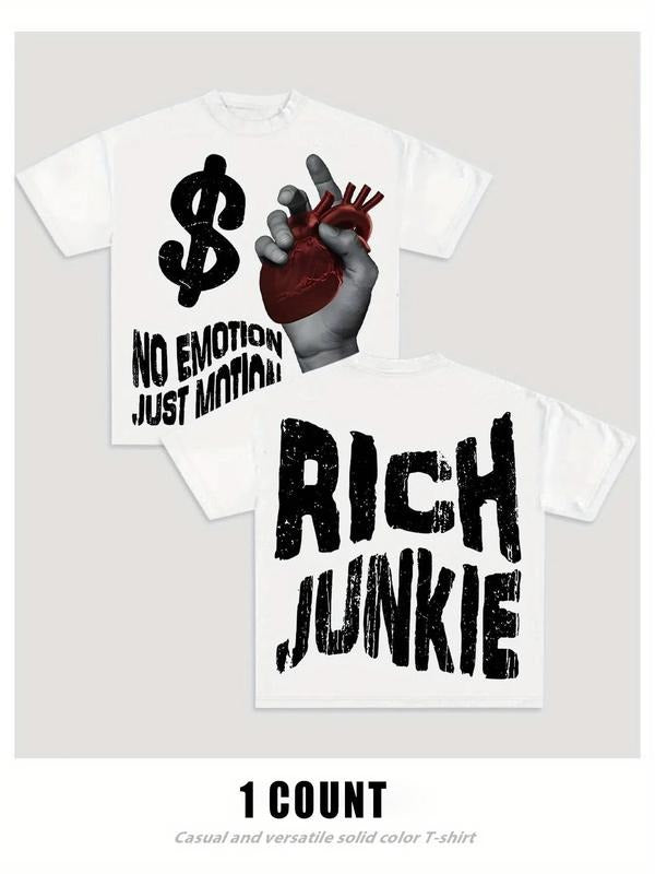 Men's Cartoon Hand & Rich Junkie Print Round Neck Tee, Loose Casual Fashion Short Sleeve T-shirt for Summer, Men's Top...