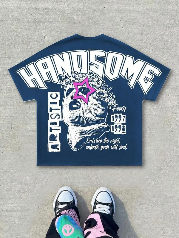 Men's Cartoon Hand Print Round Neck Tee, Regular Fit Casual Fashion Short Sleeve T-shirt for Summer, Men's Top for Daily...