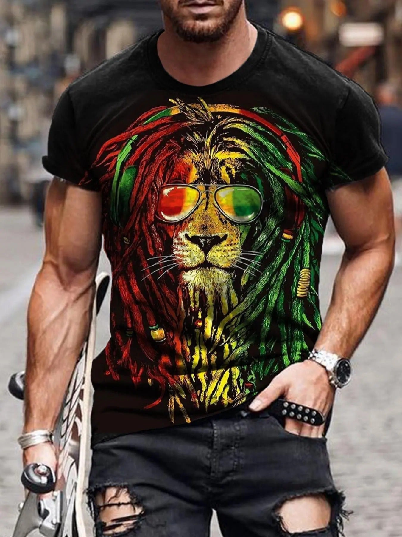 Men's Cartoon Lion Print Round Neck Tee, Regular Fit Casual Short Sleeve T-shirt, Men's Summer Top for Daily Wear Hoodie,...