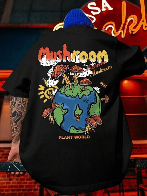 Men's Cartoon Mushroom & Letter Print Drop Shoulder Tee, Graphic Tees, Loose Casual Comfy Round Neck Half Sleeve T-shirt...