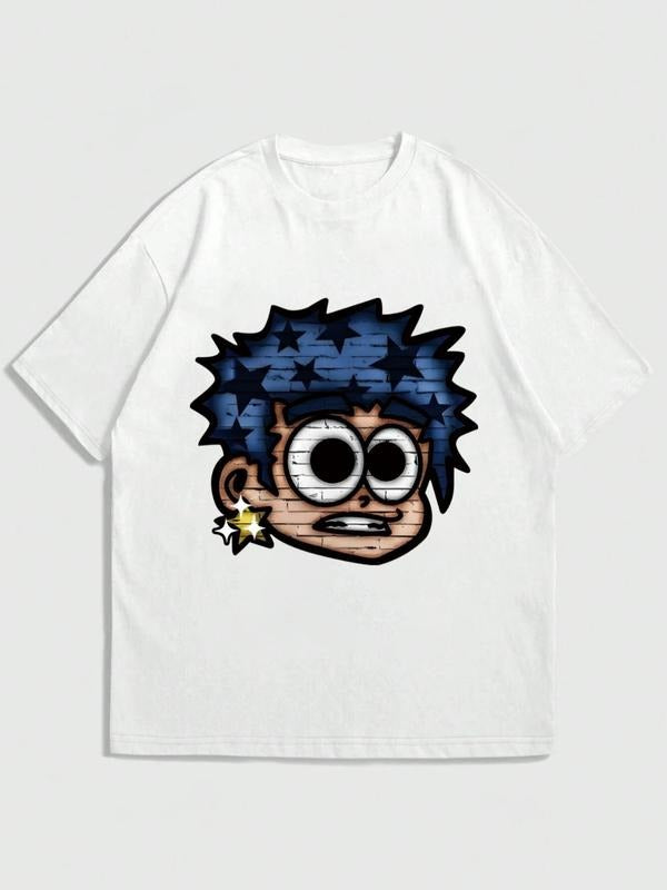 Men's Cartoon Print Drop Shoulder Tee, Regular Fit Casual Short Sleeve Round Neck T-Shirt for Daily Wear, Men's Top for...