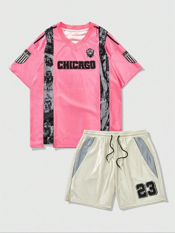 Men's Cartoon Print Tee & Pocket Shorts Loungewear, Casual Comfy Round Neck Short Sleeve T-Shirt & Shorts PJ Set, Men's...