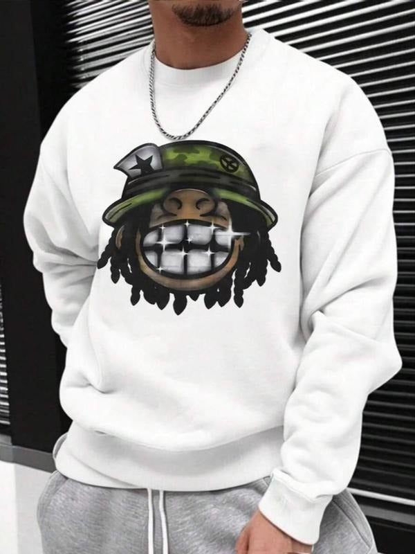 Men's Cartoon Smile Face Print Round Neck Sweatshirt, Loose Casual Fashion Long Sleeve Pullover for Fall & Winter, Men's...