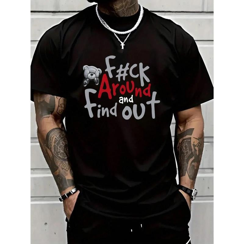 Men's Casual 100% Cotton T-Shirt with Boxer Bear Graphic - "FK AROUND AND FIND OUT" Print, Black, Short Sleeve, Round...