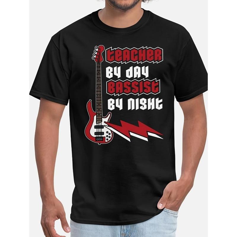 Men's Casual Cotton T-Shirt, Street Style, Day Teacher Night Bass Player, Bass Beat Men's Costume, Perfect for Halloween...