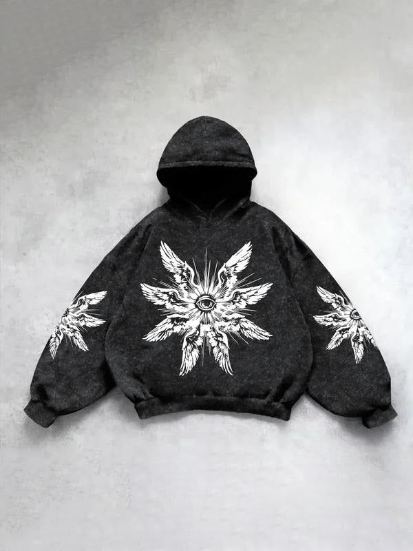 Men's Casual Hooded Sweatshirt with Unique Wing Eye Print, Comfortable Loose Fit for All Seasons, Perfect for Leisure &...