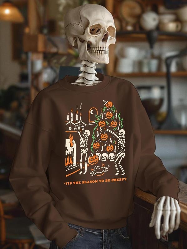 Men's Casual Loose-Fit Round Neck Sweatshirt, Halloween Skull Pumpkin Print, Fall & Winter Street Style, Warm Thicken...
