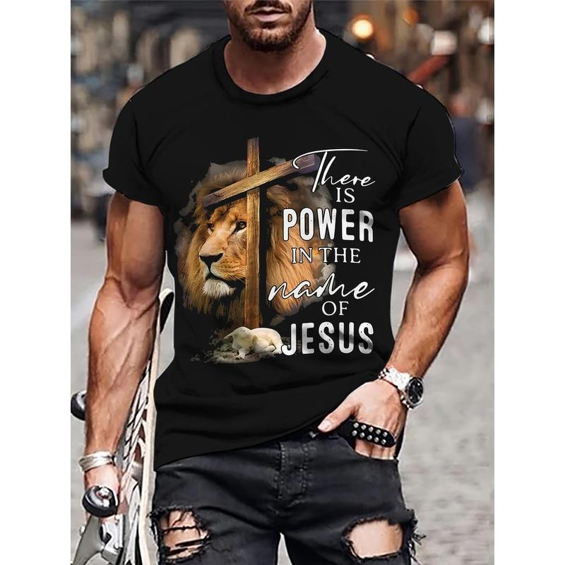 Men's Casual Short Sleeve Crew Neck Lion Print T-Shirt for Outdoor Activities Made in USA Hoodie, Sweatshirt