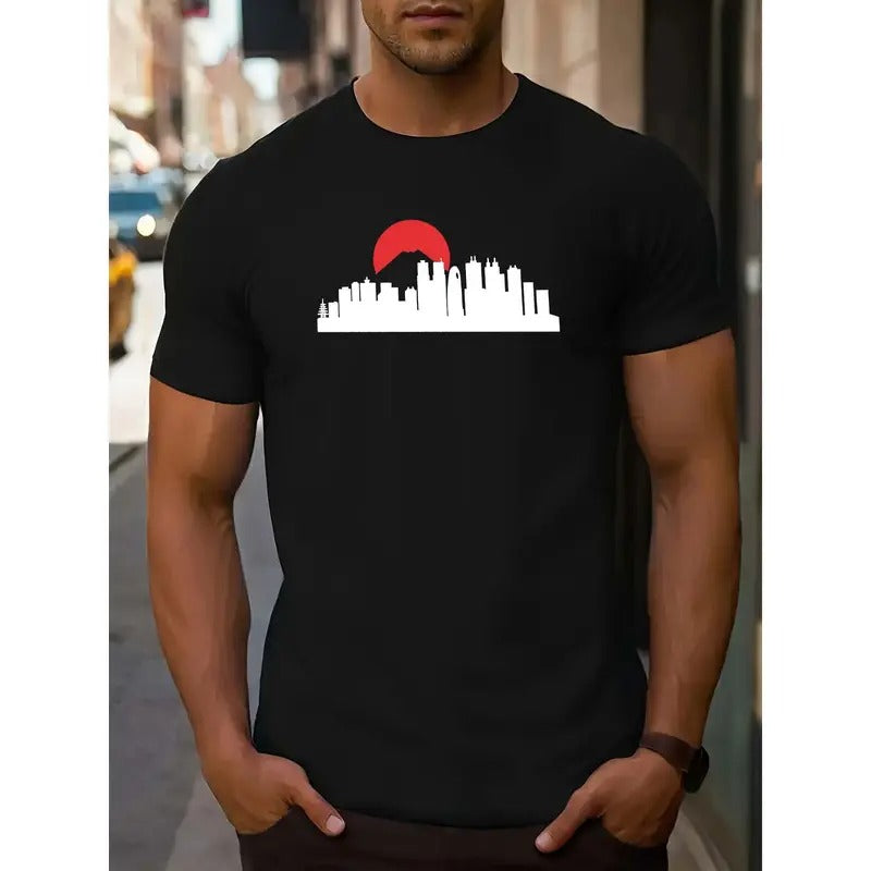 Men's Casual Short-Sleeve T-Shirt with Unique Sunset & City Print -  Round Neck, Machine Washable