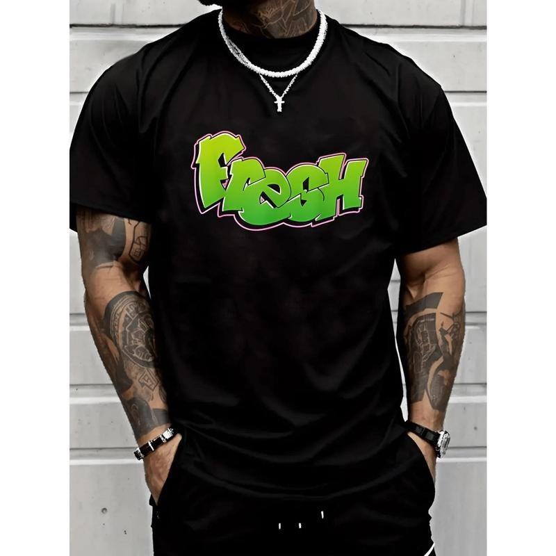 Men's Casual T-Shirt, 100% Cotton, "Fresh" Graffiti Style Graphic Printed Pattern T-Shirt, Regular Fit, Round Neck, Bold...