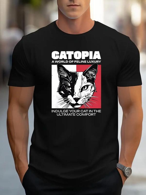 Men's Cat & Slogan Print Round Neck Tee, Loose Casual  Comfy Short Sleeve Crew Neck T-shirt for Summer, Fashion Men's Top...