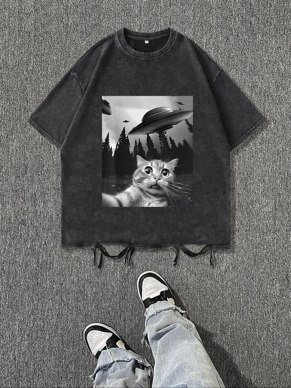 Men's Cat & UFO Print Round Neck Tee, Regular Fit Casual Short Sleeve Crew Neck T-Shirt for Daily Wear, Men's Top for...